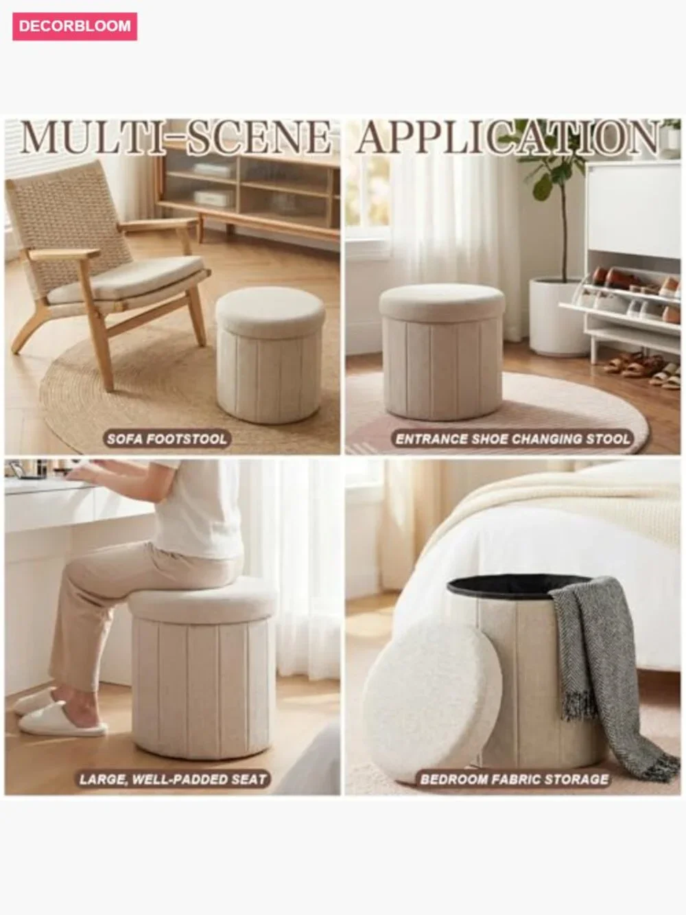 Round Storage Ottoman with Lid, Foldable Linen Bench, Large Hidden Storage,